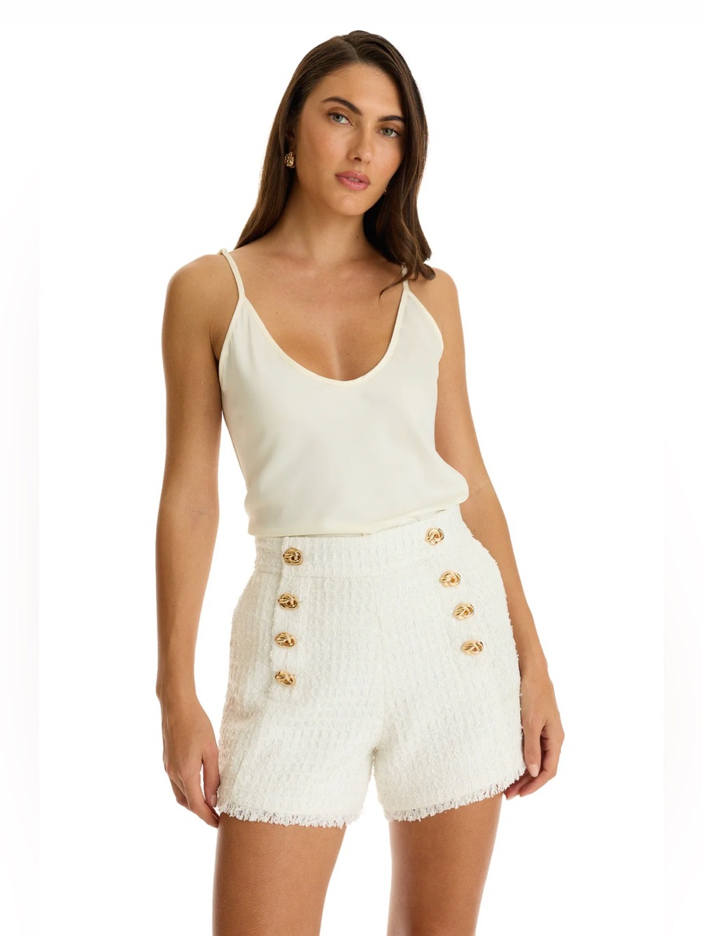 The Noli Shop TAMARA White Tweed Button Shorts